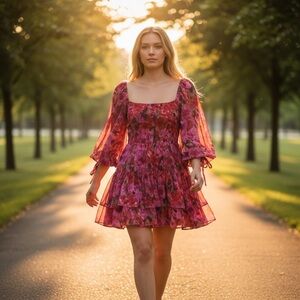 Showpo. Clabelle Vibrant Mini Dress Floral Pink/Purple Sheer Flowy Size-14 NWT